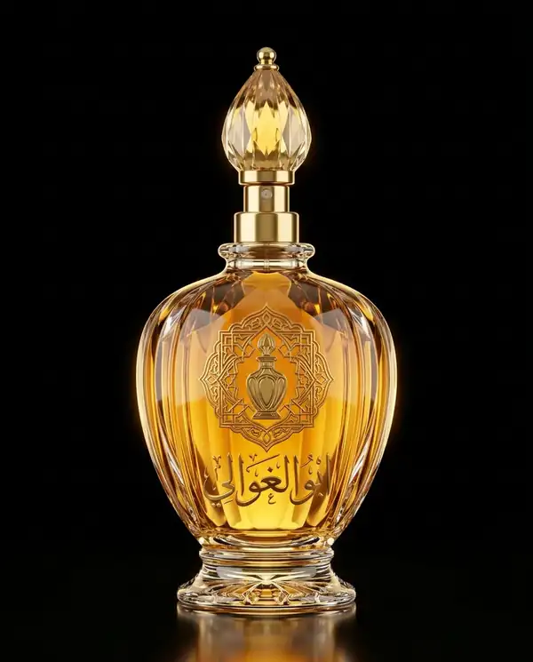 قارورة كريستالية مملوءة بعطر عنبري ذهبي بغطاء ذهبي